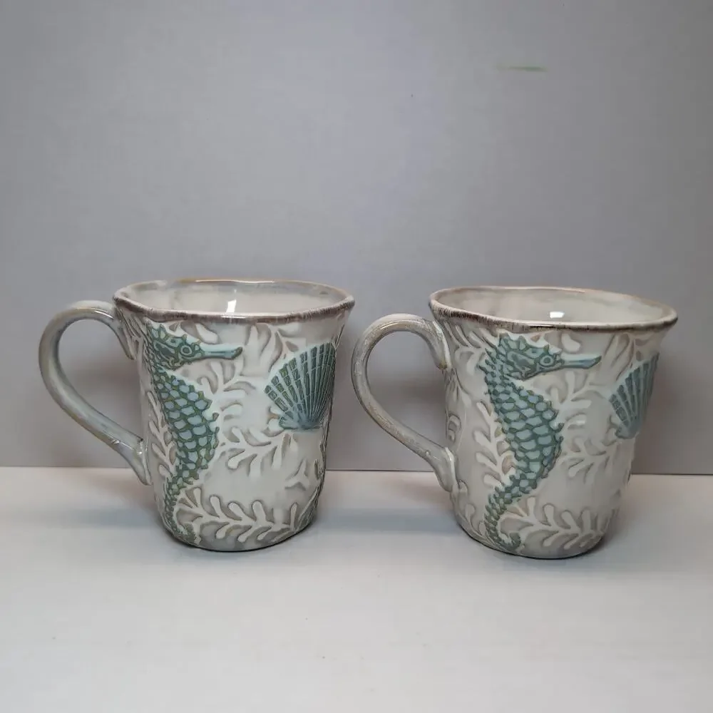 Set of 2 Cracker Barrel Mugs 3D Seahorse Seashell Starfish Lobster Beach Ocean - Picture 3 of 7